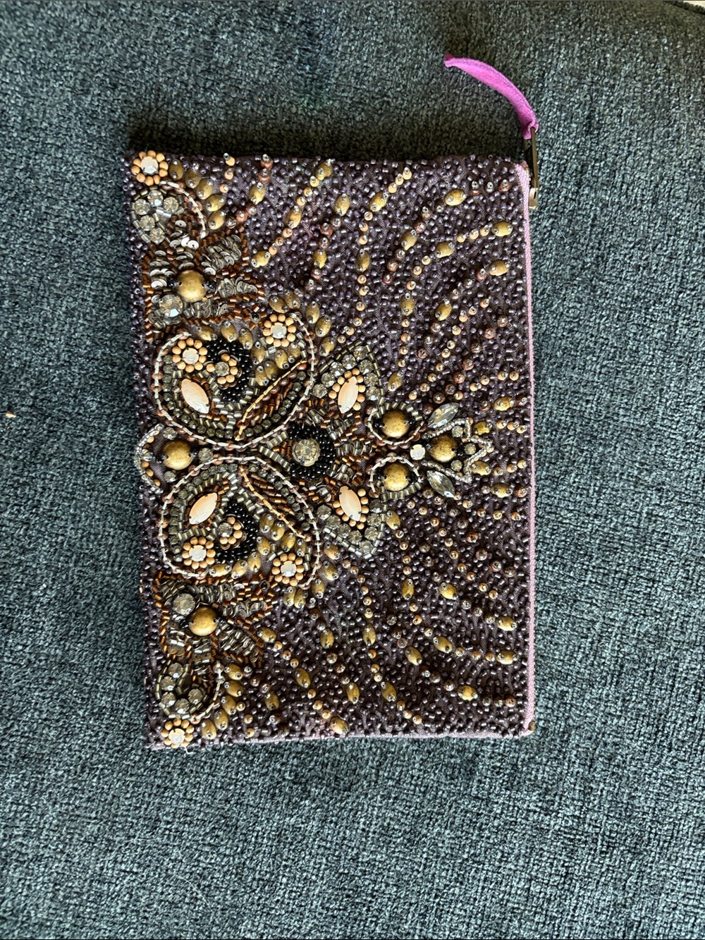 Beaded Embellished Clutch Wallet in Dark Purple with Gold Accents